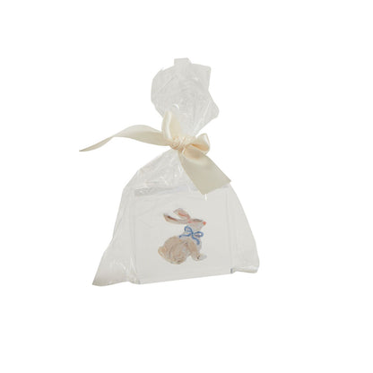 Spring Acrylic Block featuring a bunny with a blue bow on white background. Size: Small.