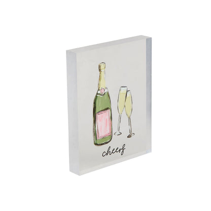 Acrylic Wedding Plaque: Clear rectangular block with a hand-painted champagne bottle, two flutes, and "cheers." Available in sizes: Small, Medium, Large.