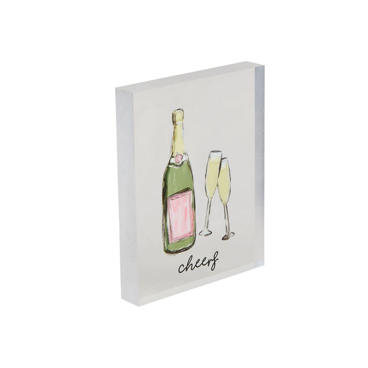 Acrylic Wedding Plaque: Clear rectangular block with a hand-painted champagne bottle, two flutes, and "cheers." Available in sizes: Small, Medium, Large.