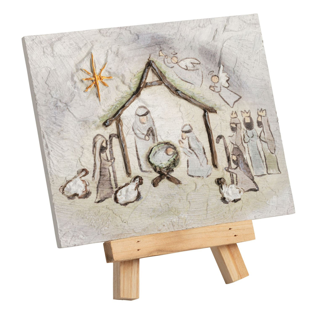 Holiday Farmhouse Art Plaque with rectangular nativity scene, available in multiple sizes.