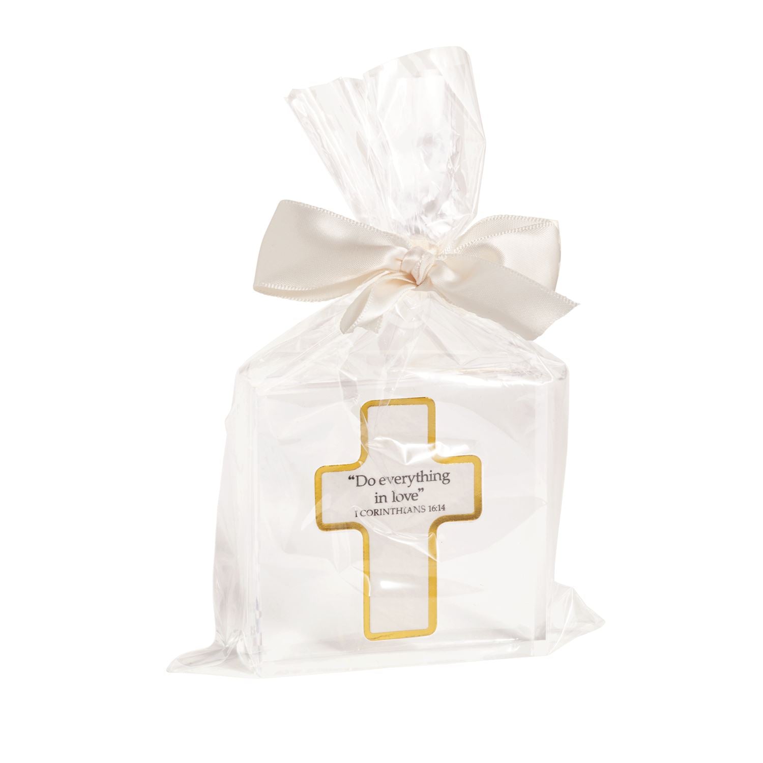 Love Acrylic Plaque with gold-outlined cross, “Do everything in love” text; clear gift bag; available in 4x6 and 5x7 sizes.