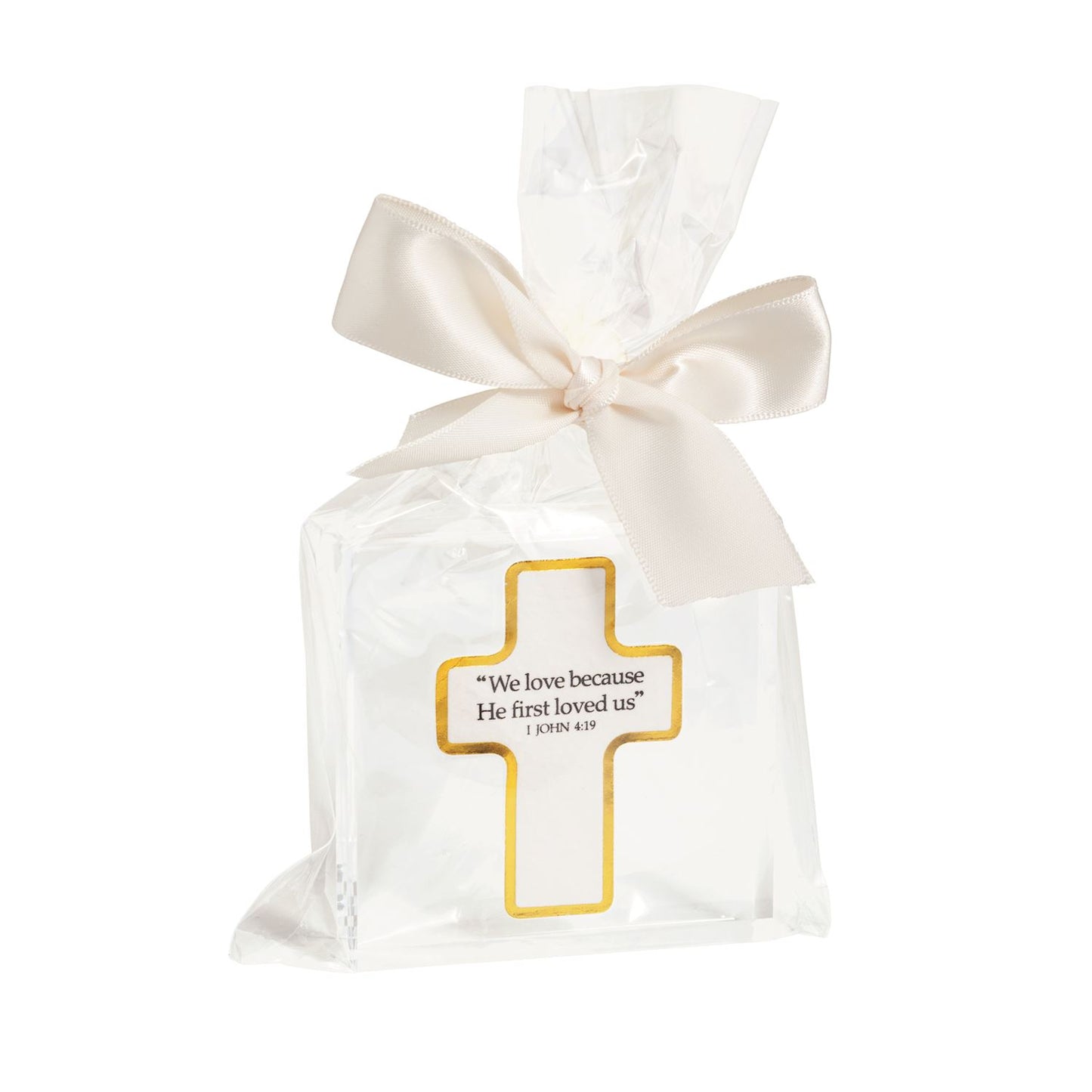 Love Acrylic Plaque, cross-shaped with gold border, 1 John 4:19 verse. Comes in clear gift bag; available in multiple sizes.