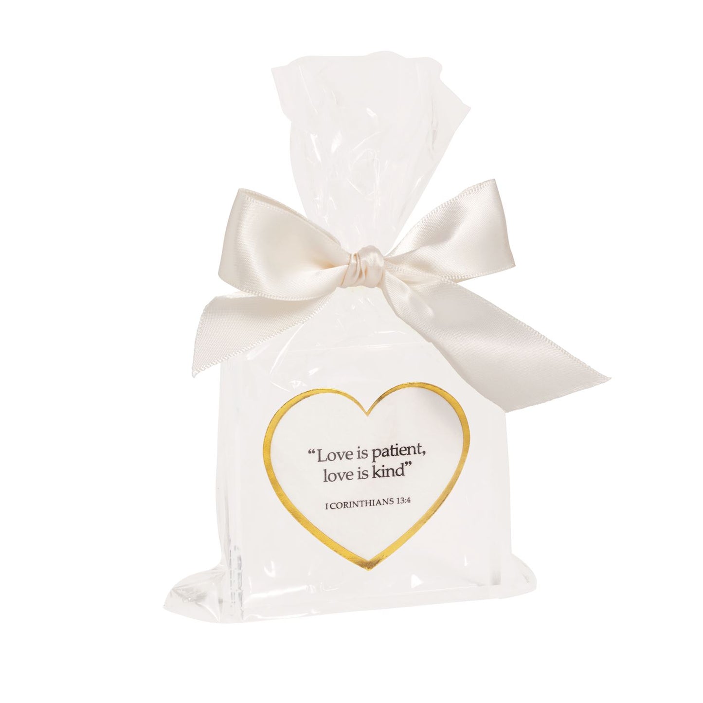 Love Acrylic Plaque with gold heart and “Love is patient, love is kind.” Available in multiple sizes. Gift bag included.