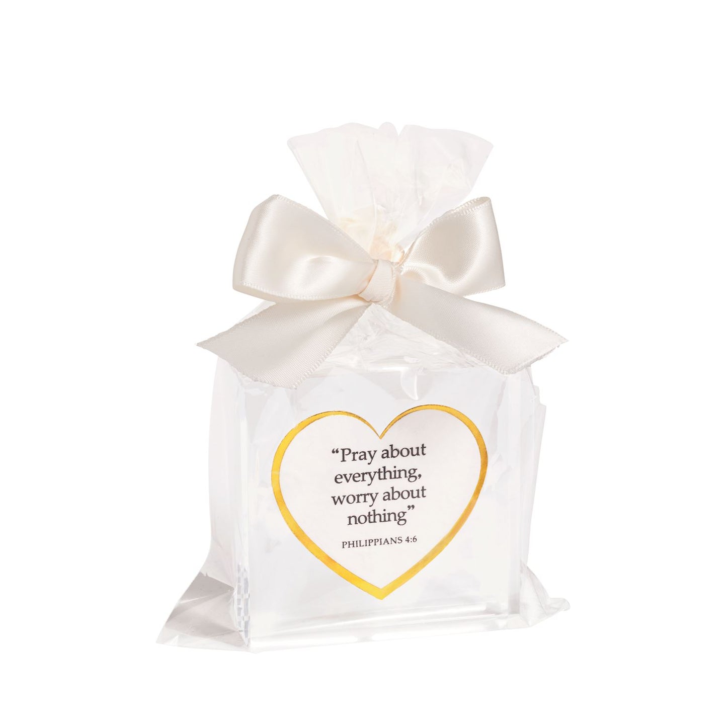 Love Acrylic Plaque in clear gift bag with white satin bow, heart label reads "Pray about everything." Sizes: 4x6, 5x7 inches.