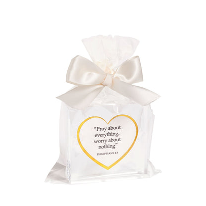 Love Acrylic Plaque in clear gift bag with white satin bow, heart label reads "Pray about everything." Sizes: 4x6, 5x7 inches.