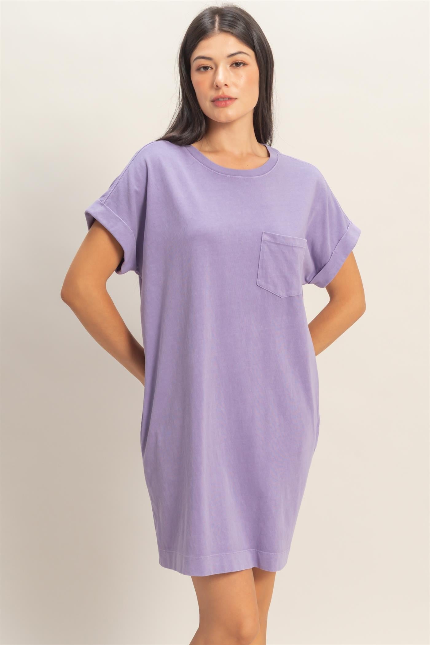 Relaxed Fit Crewneck T-Shirt Dress with loose fit, rolled short sleeves, chest pocket; available in sizes XS-XL.