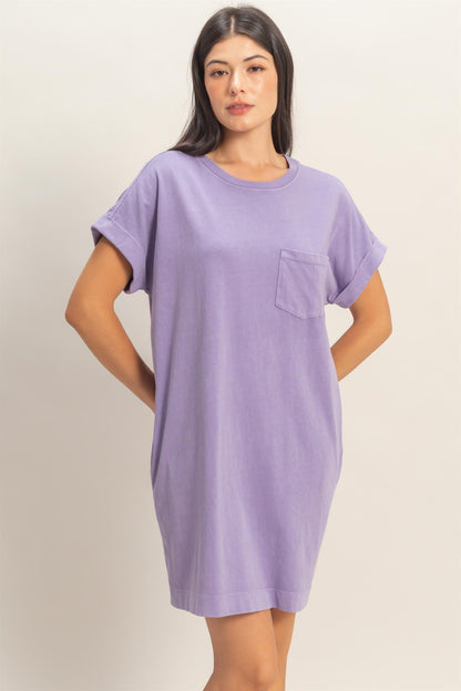 Relaxed Fit Crewneck T-Shirt Dress with loose fit, rolled short sleeves, chest pocket; available in sizes XS-XL.