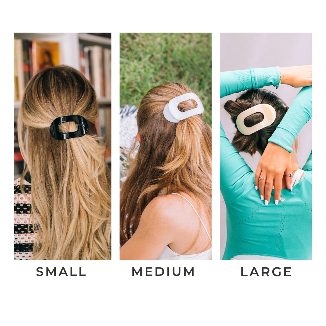 TELETIES Flat Round Hair Clip shown in small (black), medium (white), and large (cream). Sizes: small, medium, large.