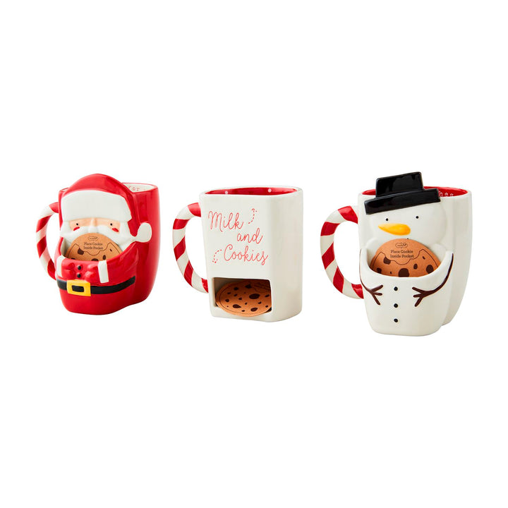 Three Christmas Cookie Pocket Mugs with Santa, snowman, and “Milk and Cookies” designs, each featuring a cookie pocket.