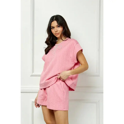 Pearl Pink Ribbon Trim Textured Set