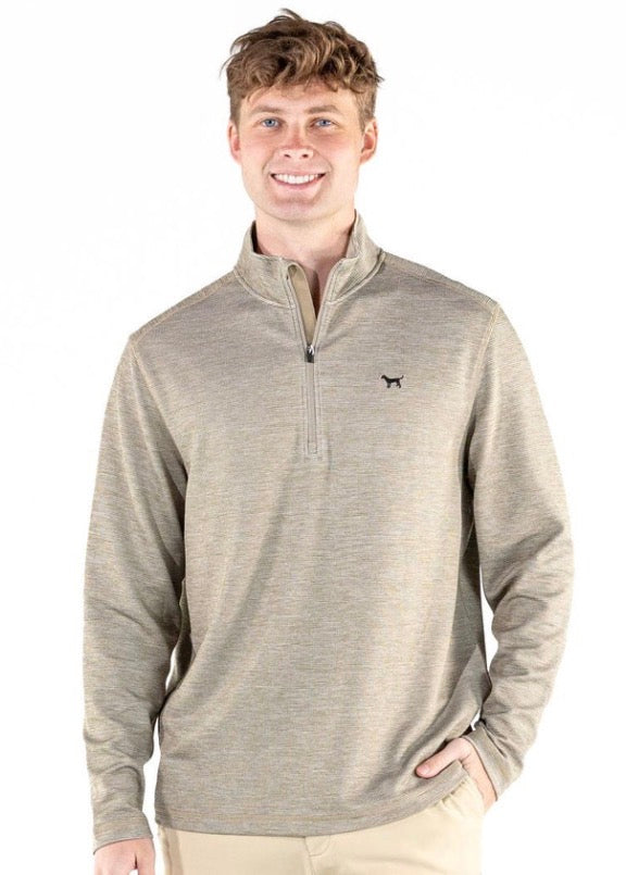 Men’s Olive Heather Quarterzip: lightweight pullover, olive heather color, small black dog logo on left chest. Available in sizes S–XXL.
