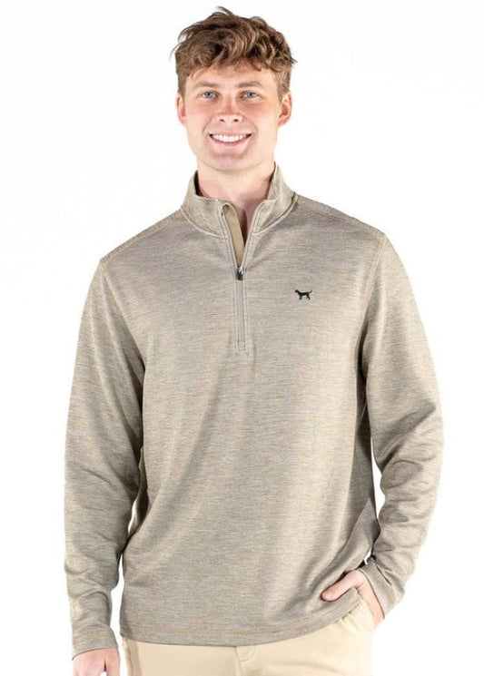 Men’s Olive Heather Quarterzip: lightweight pullover, olive heather color, small black dog logo on left chest. Available in sizes S–XXL.