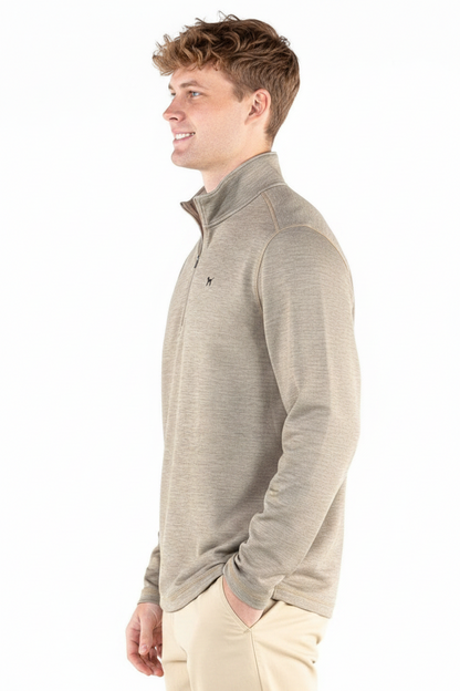 Men’s Olive Heather Quarterzip: lightweight, quarter-zip design. Available in sizes S-XXL.