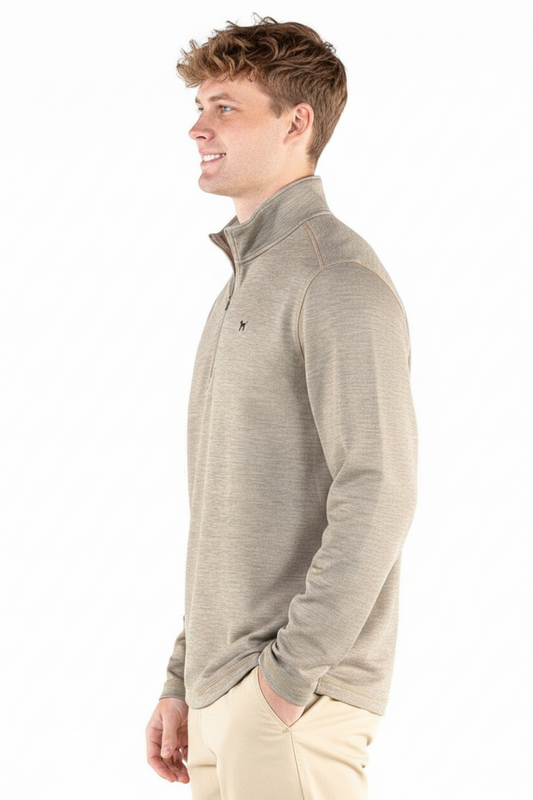 Men’s Olive Heather Quarterzip: lightweight, quarter-zip design. Available in sizes S-XXL.
