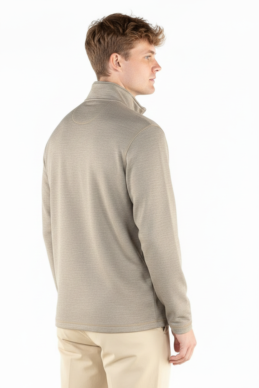 Men’s Olive Heather Quarterzip, available in sizes S–XXL. Effortlessly versatile layer.