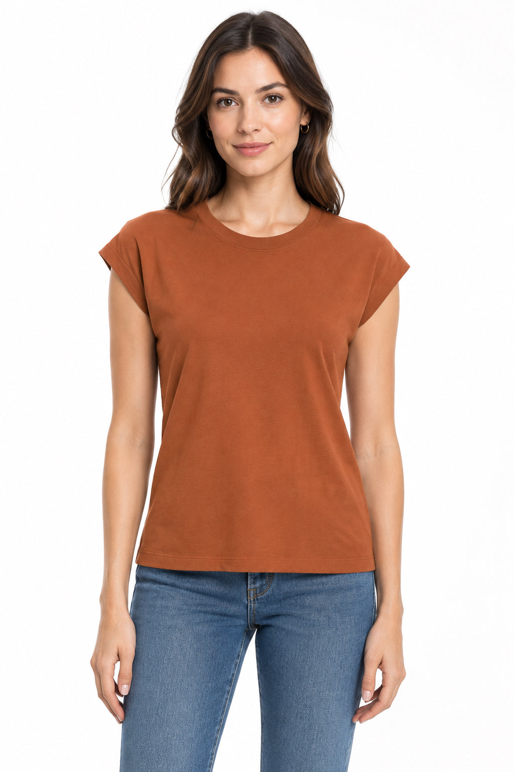 Rust-colored crewneck Basic Babe Top with cap sleeves, available in all sizes.