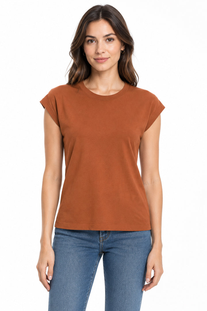 Rust-colored crewneck Basic Babe Top with cap sleeves, available in all sizes.