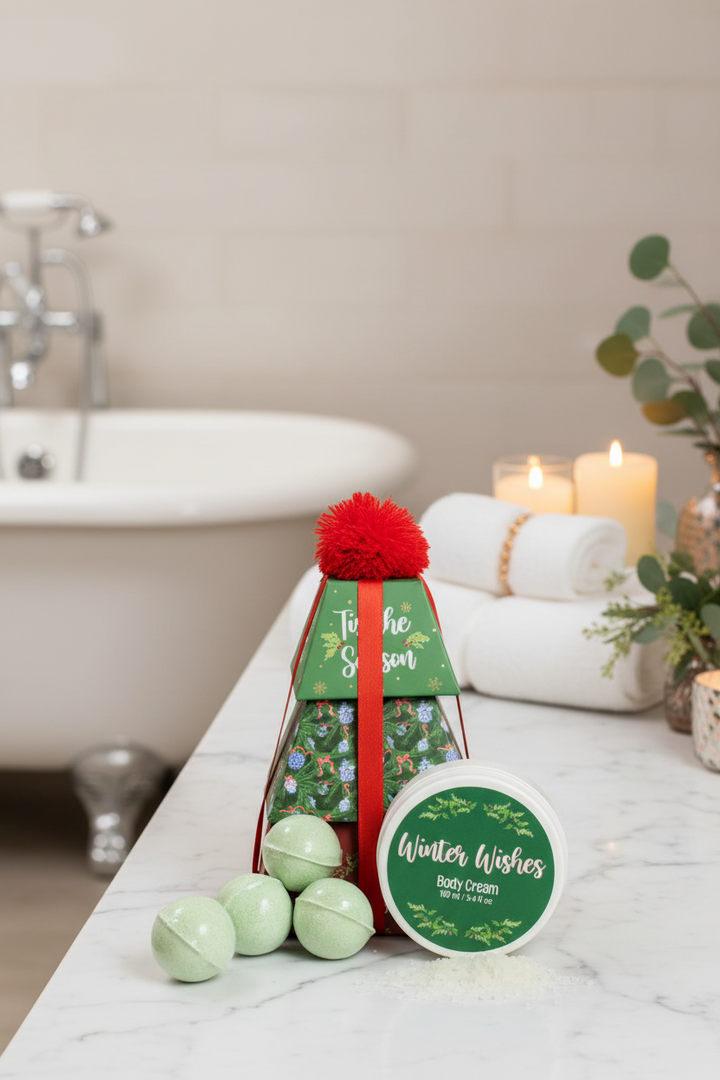 ‘Tis The Season Bath Gift Set | Winter Wishes including a tree-shaped gift box, four bath bombs, and a 110 ml / 5.4 fl oz tub of body cream.