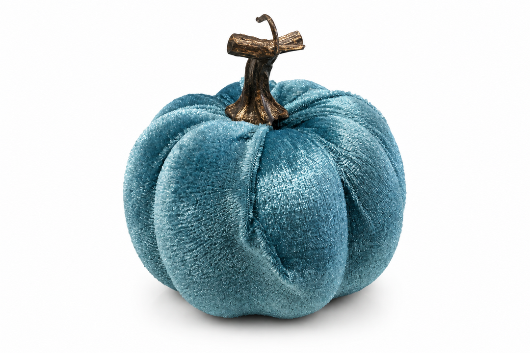 Teal blue velvet pumpkin with a bronze stem. Available in multiple sizes.