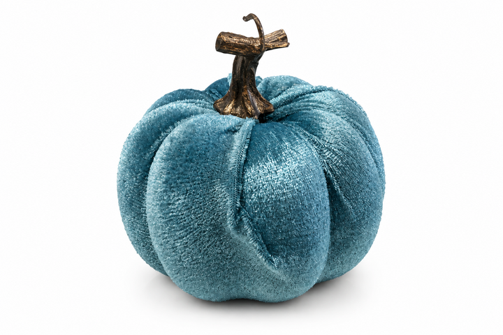 Teal blue velvet pumpkin with a bronze stem. Available in multiple sizes.