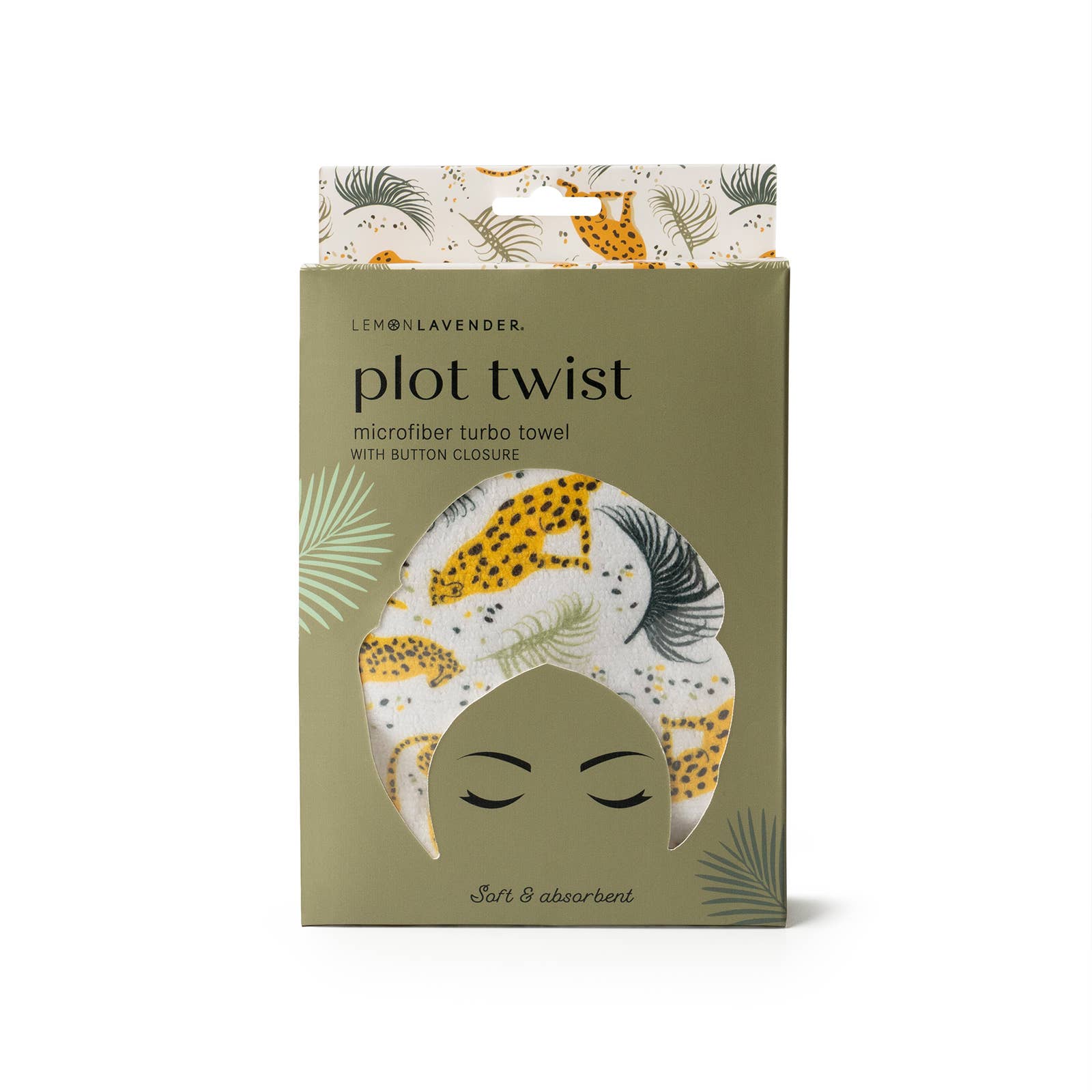 Lemon Lavender Plot Twist Turbo Towel in olive green packaging with leaf designs, button closure; available in one size.