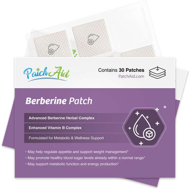 Berberine Patch – GLP-1 Support &amp; Appetite Control package featuring hexagonal patches, label highlights advanced plant-based formula with berberine herbal complex and vitamin B complex for metabolism, appetite, weight management, and blood sugar support; available sizes listed on packaging.