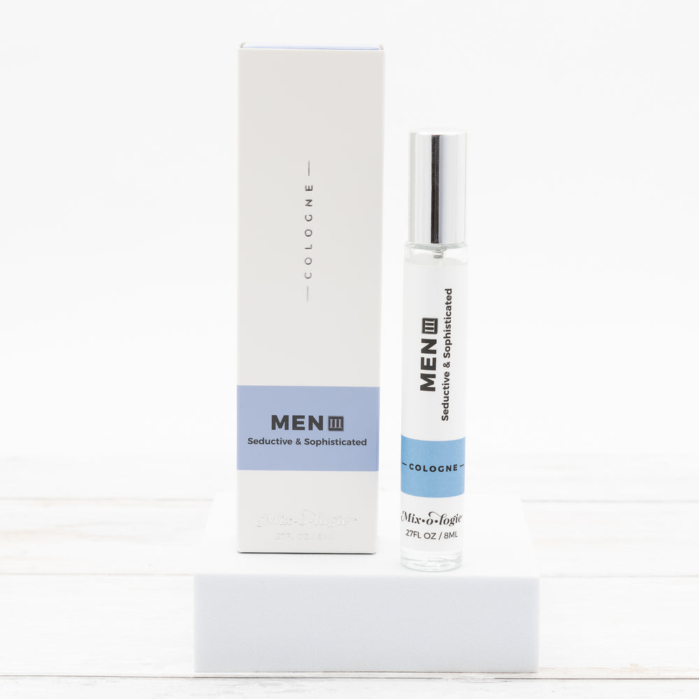 Cologne Spray (8ml) in a clear glass bottle with silver cap and white box. Alcohol-based, long-lasting fragrance.