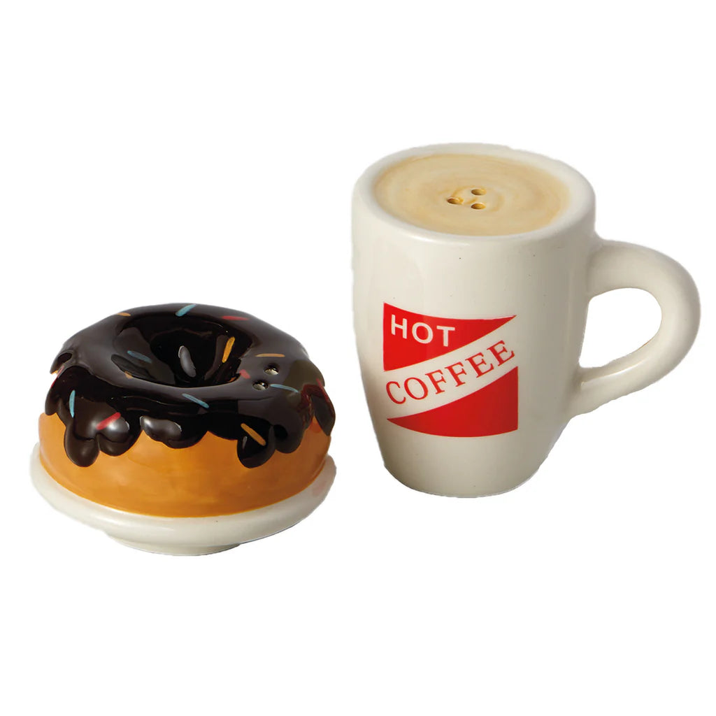Hot Coffee and Donut Salt &amp; Pepper Shakers set in ceramic; available in standard shaker size.
