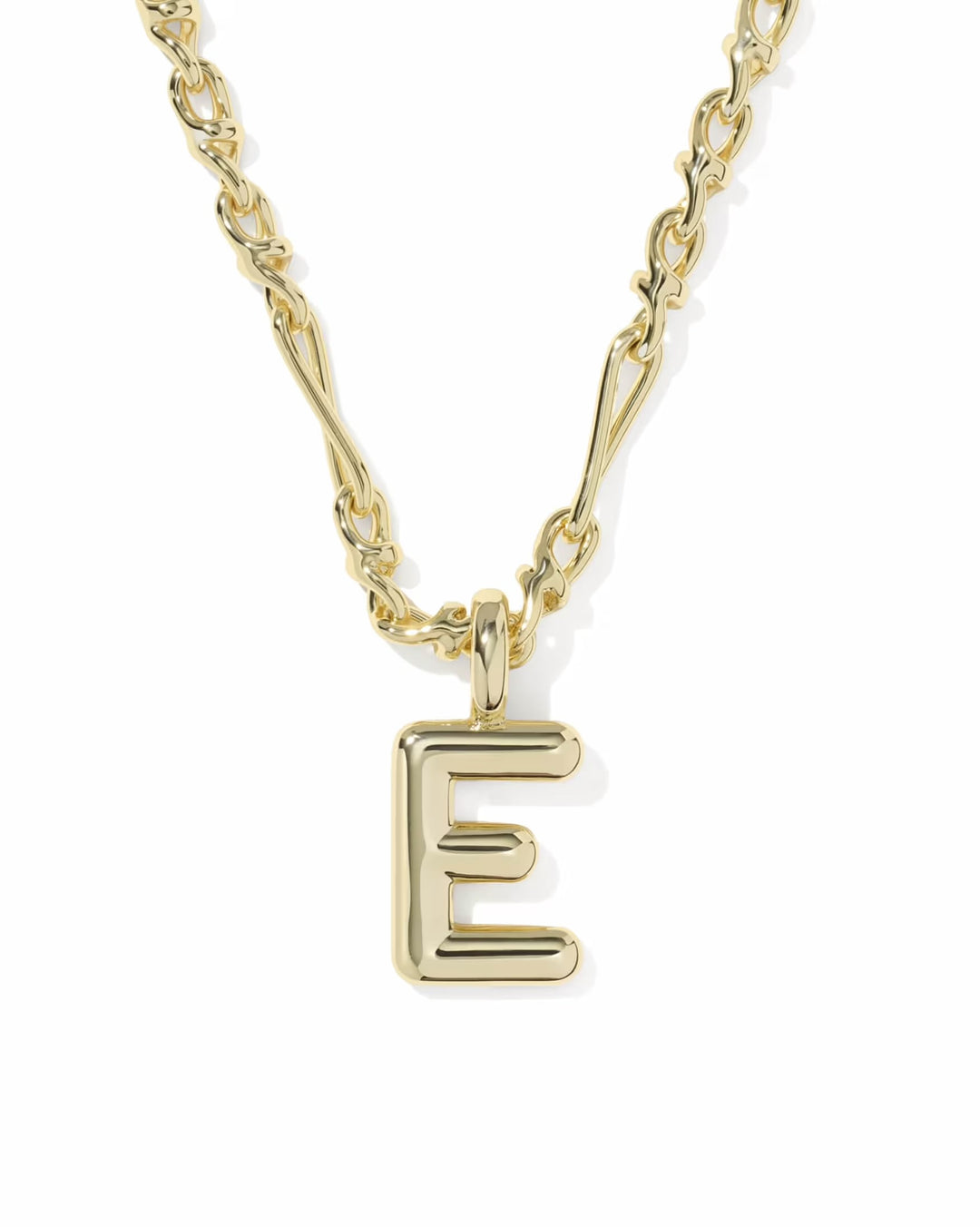 Bubble Letter Necklace by Kendra Scott with a bold, uppercase “E” pendant on a textured gold chain; available in various lengths.
