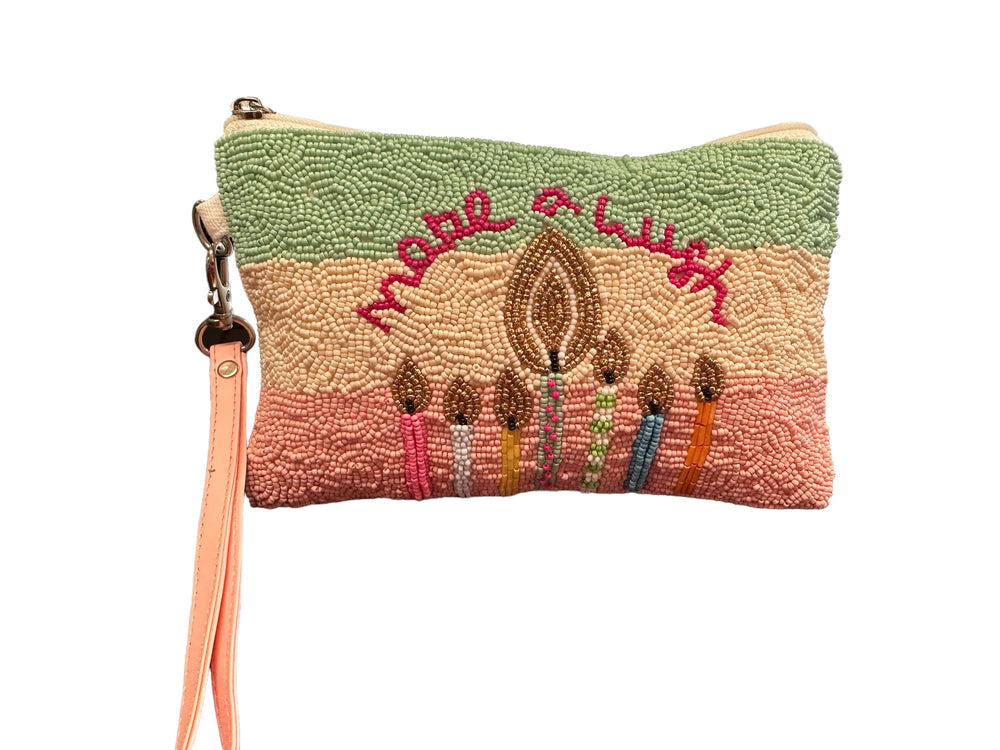 Happy Birthday Beaded Wristlet, 7x4.5", pastel stripes, "Make a Wish", beaded candles, pink wrist strap.