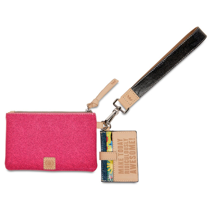 The Combi, Ivy: small pink zippered wristlet wallet with black/tan strap, colorful slots, engraving. Sizes available.