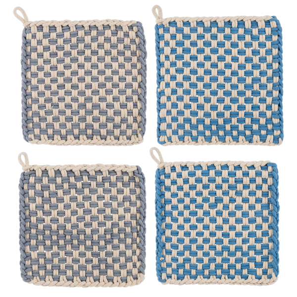 Cotton Crochet Check Pot Holder Set of four handmade square potholders in blue/white and gray/white checkered patterns, each with a hanging loop. Available sizes: 7″x7″.