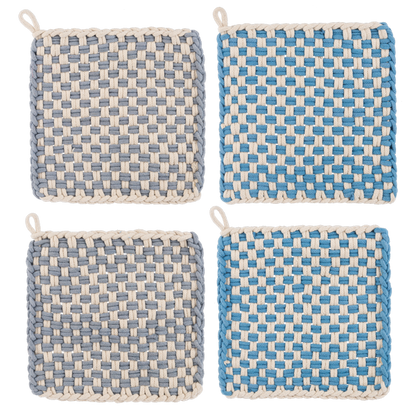 Cotton Crochet Check Pot Holder Set of four handmade square potholders in blue/white and gray/white checkered patterns, each with a hanging loop. Available sizes: 7″x7″.