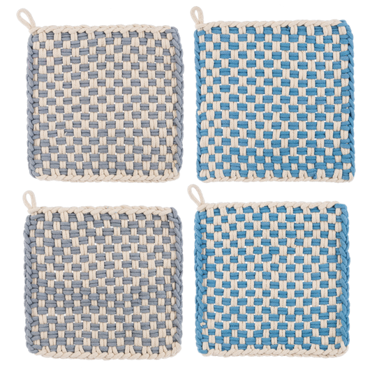 Cotton Crochet Check Pot Holder Set of four handmade square potholders in blue/white and gray/white checkered patterns, each with a hanging loop. Available sizes: 7″x7″.