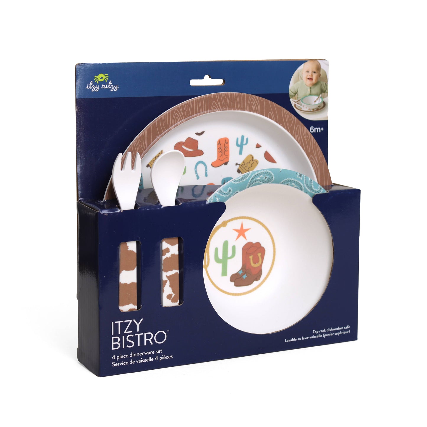 Itzy Bistro™ 4-Piece western-themed plate, bowl, fork, spoon; BPA free. For ages 6m+. Sizes not specified. Boxed for gifting.