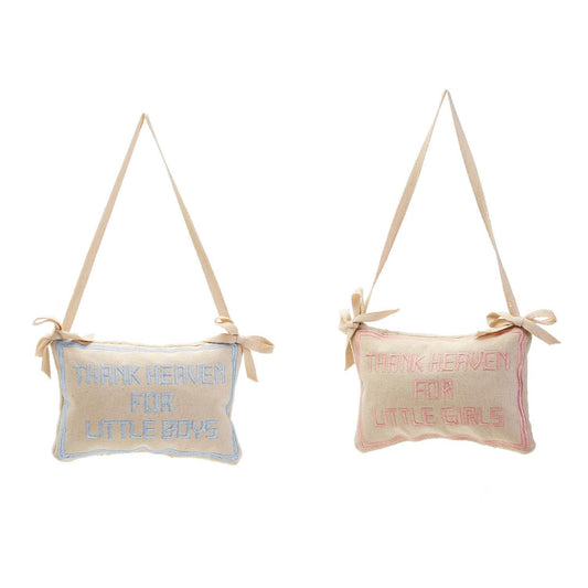 Rectangular embroidered pillow door hanger with ribbon, blue or pink border, 4"x6" size. For baby showers or nursery decor.