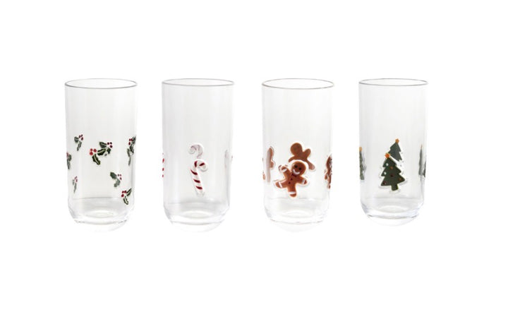 Four 18oz acrylic holiday glasses with holly, candy cane, gingerbread man, and Christmas tree designs.