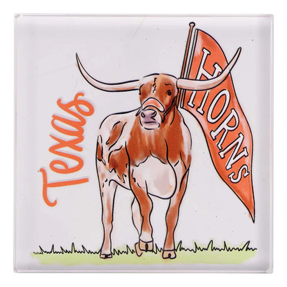 Texas Mascot Napkin Weight with Texas Longhorn steer illustration and “Texas” in orange with "HORNS" on a flag. Available in 4-inch and 6-inch sizes.