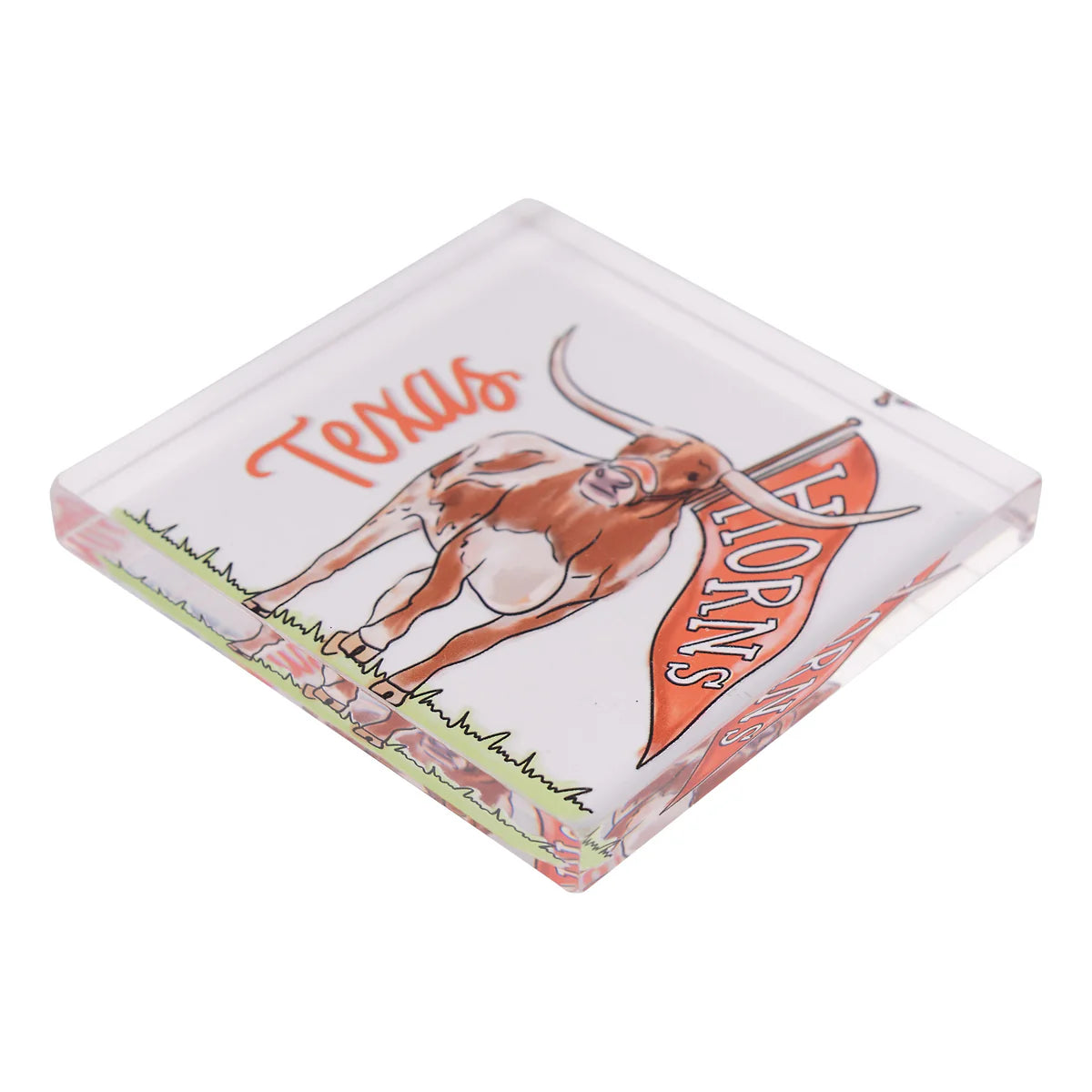 Clear square napkin weight with a longhorn steer illustration and an orange "Texas Longhorns" flag. Sizes available.