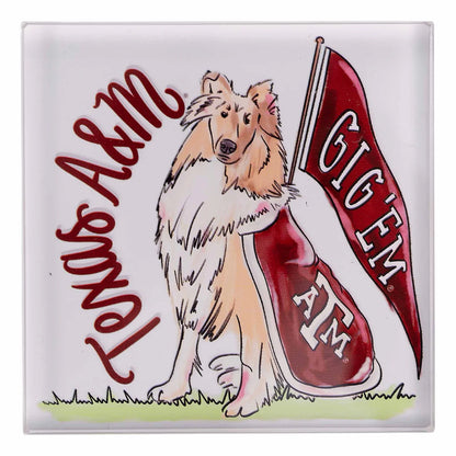 Texas A&M Mascot Napkin Weight with "GIG 'EM" maroon flag and "Texas A&M" in red script on the left side. Available sizes: small, medium, large.