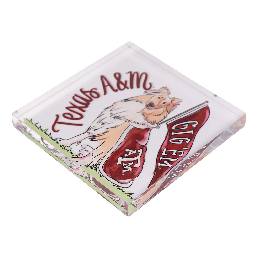Square glass Texas A&amp;M Mascot Napkin Weight with a dog illustration, Texas A&amp;M pennant, and "Texas A&amp;M" and "Gig &
