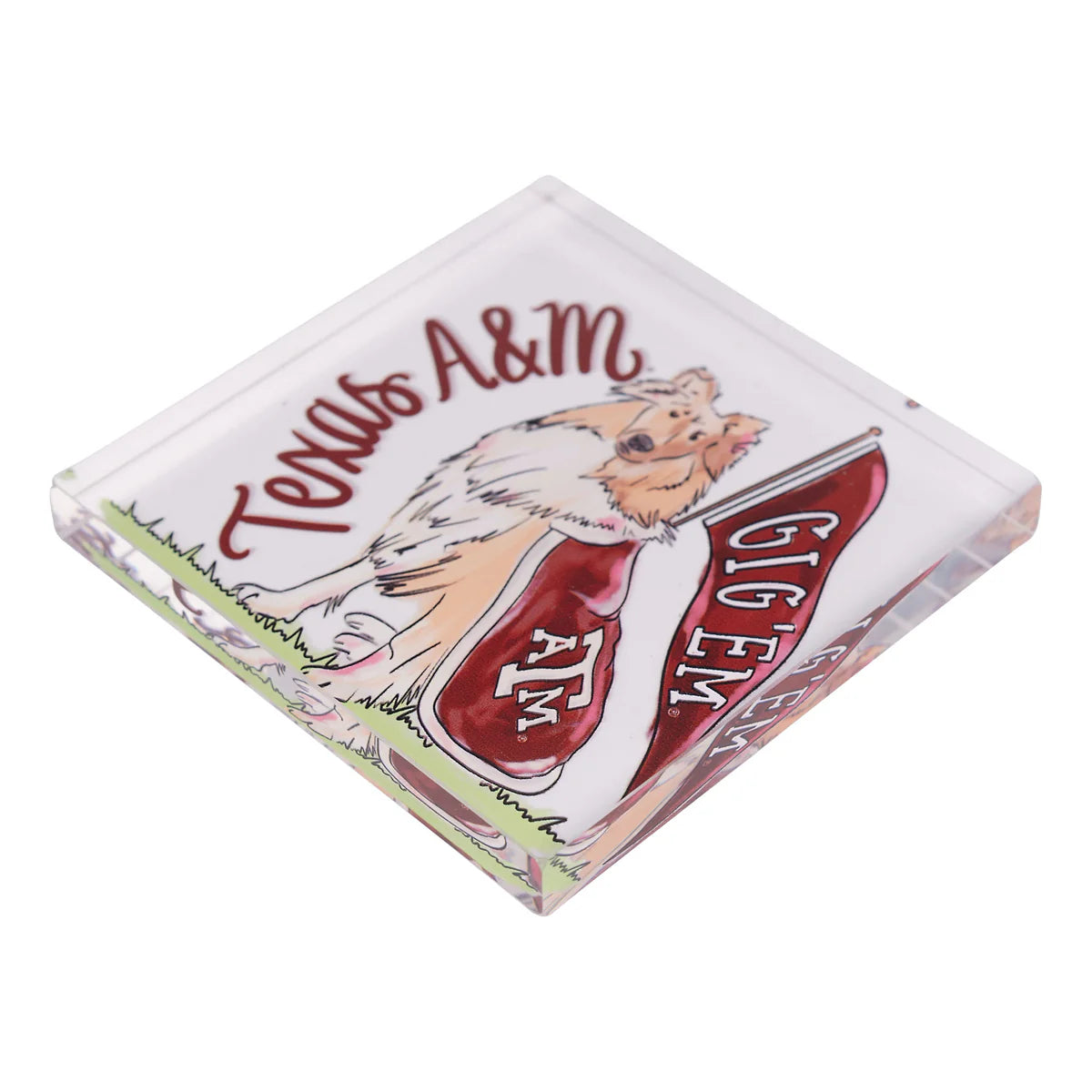 Square glass Texas A&M Mascot Napkin Weight with a dog illustration, Texas A&M pennant, and "Texas A&M" and "Gig 'Em" text. Available in multiple sizes.