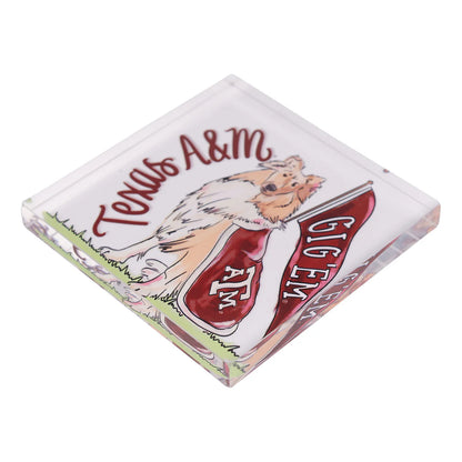Square glass Texas A&M Mascot Napkin Weight with a dog illustration, Texas A&M pennant, and "Texas A&M" and "Gig 'Em" text. Available in multiple sizes.