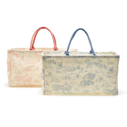 **Animal Toile Hamper/Storage Tote Set**  
- **Description:** Two rectangular fabric storage bags with handles. One light pink, one light blue. Animal toile pattern depicting pastoral scenes.
- **Sizes Available:** N/A