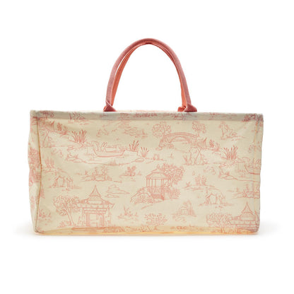 The Animal Toile Hamper/Storage Tote is a beige canvas tote with light red pastoral designs and two sturdy red handles. Perfect for nursery storage. Available in size: 20" x 15" x 10".