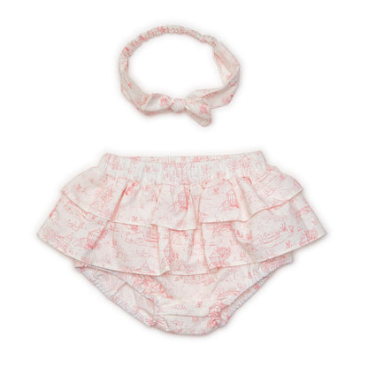 Animal Toile Ruffled Diaper Cover and Bow Headband Set