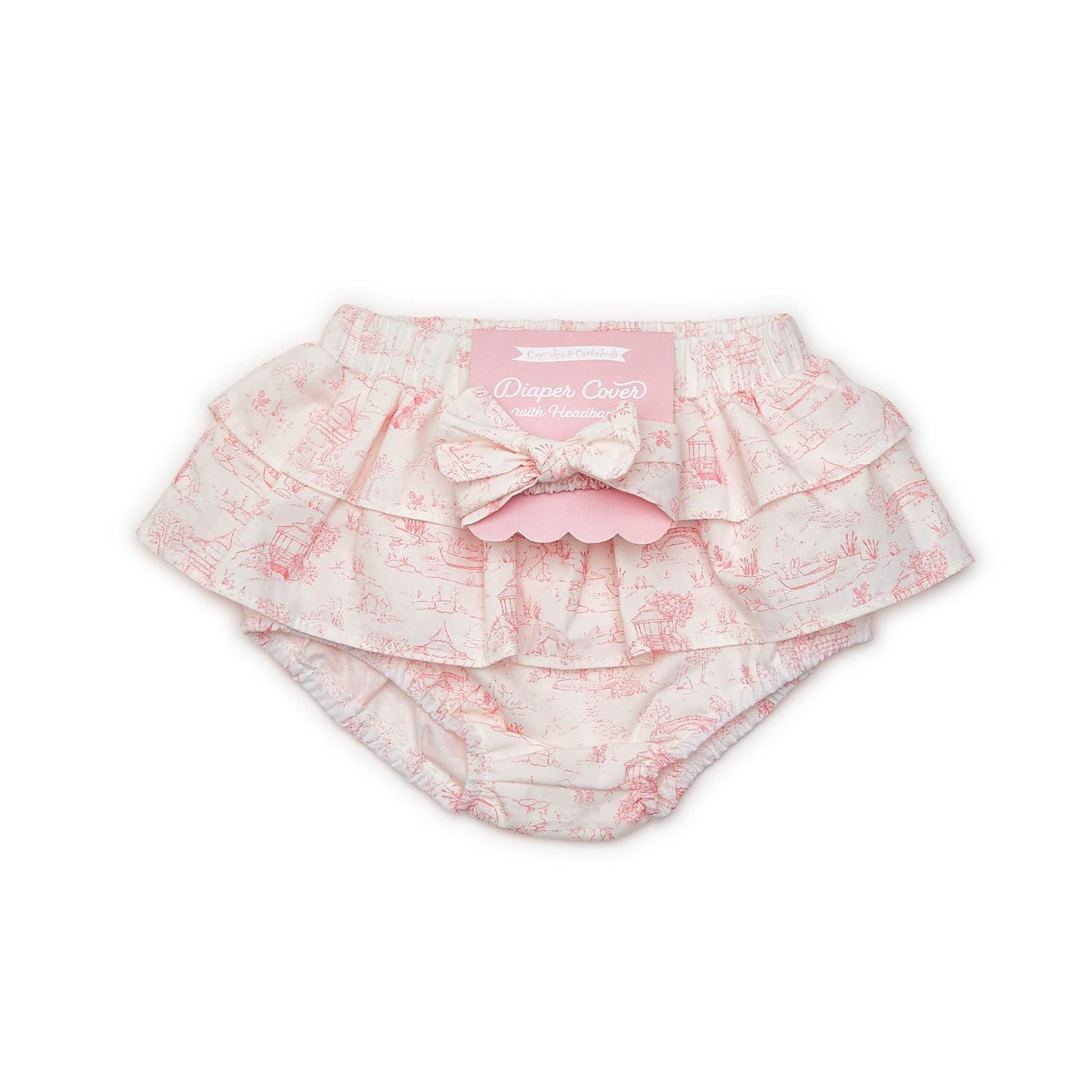 Animal Toile Ruffled Diaper Cover and Bow Headband Set