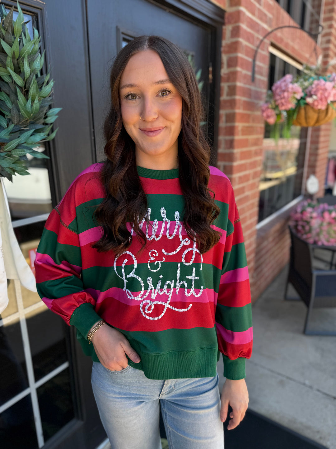 Millie Merry &amp; Bright red and green striped sweatshirt with white glittery script. Available in all sizes.