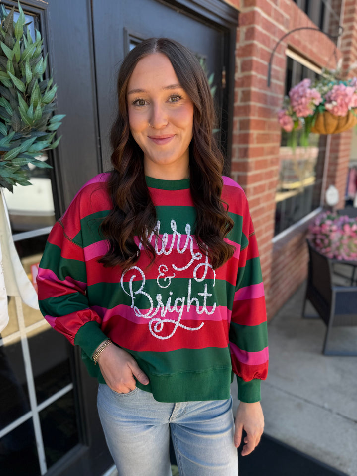 Millie Merry &amp; Bright red and green striped sweatshirt with white glittery script. Available in all sizes.