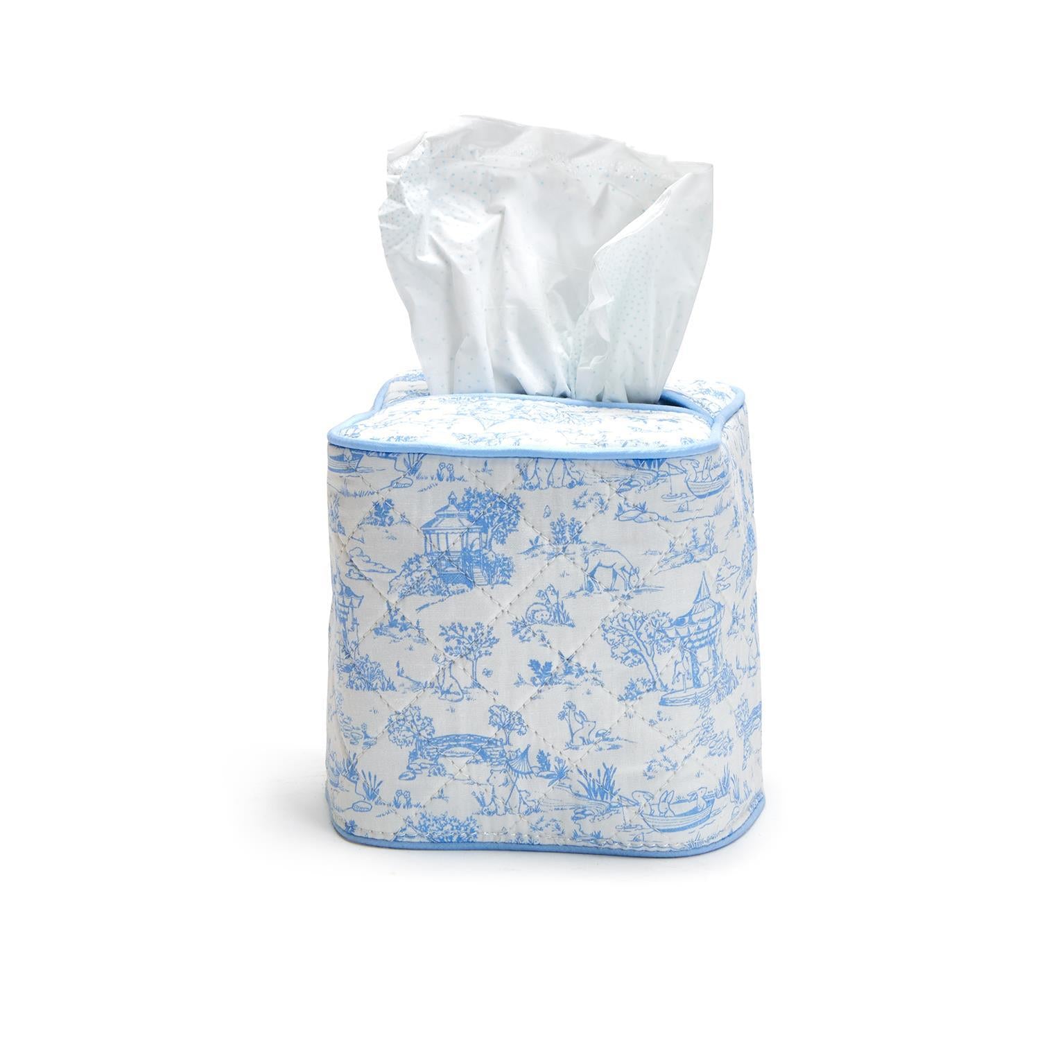 The Animal Toile Quilted Tissue Box Cover is a decorative cover with a blue and white pastoral scene pattern. It fits standard rectangular tissue boxes.